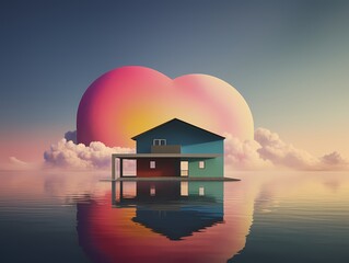 A colorful house is floating on the water by a pink heart in the cloud