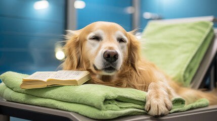 A lazy golden retriever is enjoying SPA time, There is a book next to it.