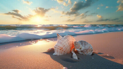 A beautiful seashell on a tranquil sandy beach at sunset