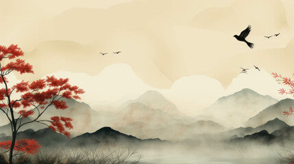 Autumn landscape with mountains, clouds and birds in the style of Chinese painting