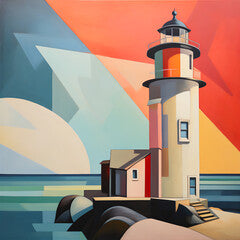 Mid-Century Minimalist Oil Portrait of a Lighthouse Featuring Bold Colors and Geometric Forms