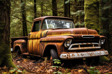 Abandoned old rusty car in the autumn forest. Retro car