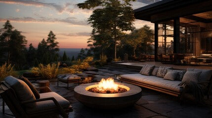 A backyard with a fire pit and a wooden patio