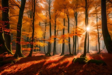 Autumn forest in the morning Generative AI