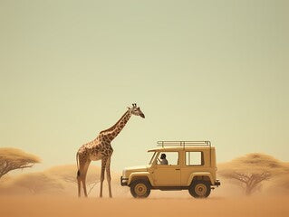 A giraffe standing in front of a safari off-road vehicle surrounded by a sandy desert