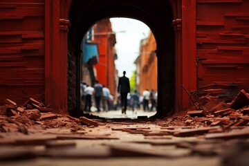 A gentleman strolling near a crimson brick facade on the avenue