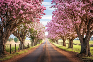 A stunning landscape adorned with cherry blossoms, creating a breathtaking avenue of pink flowers in the countryside.