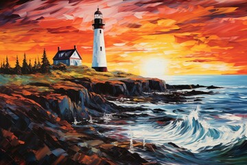 A painting of a lighthouse on a shore. Generative AI