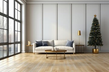 A background image for content dreation depicting a modern living room with a small decorated Christmas tree. Photorealistic illustration