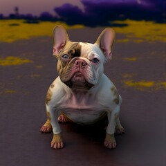3d rendered on blacktop purple and yellow sky french bulldog ears chocolate and tan spots patches on both eyes