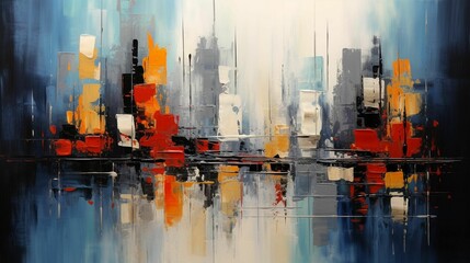 an abstract painting on a canvas, looking like the city skyline