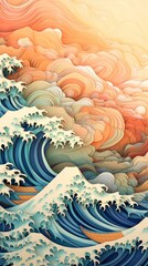 A beautiful painting capturing the power and serenity of a wave with a boat sailing through it