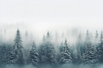 Snowy forest landscape with towering pine trees and a soft winter haze