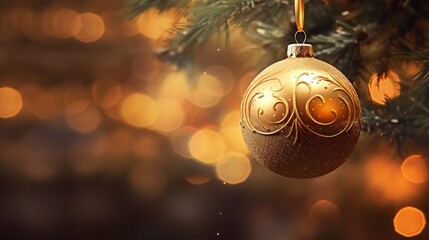 A beautiful golden ornament hanging from a Christmas tree