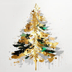 Luxury Christmas tree oil painting. Gold and green holiday card design