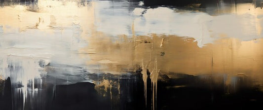 Closeup of textured gold and black painting with brushstrokes. Expressive artistry.