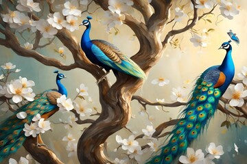 3D wallpaper , oil painting tree branch with flowers , oil painting two peacock with small and large butterflys