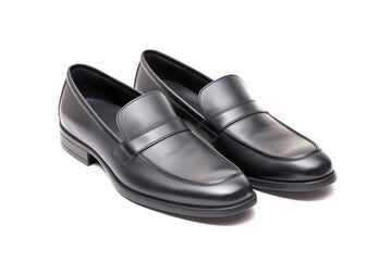 A classic pair of black leather loafers for men, perfect for office or formal wear. Isolated on a white background, they represent timeless footwear.