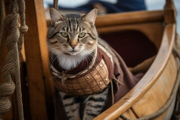 a feline in Viking attire navigating a small longship. Generative AI