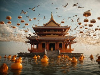 A temple floating in the water and tended by monk-like birds
