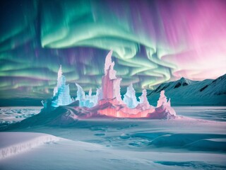 A vast snow scape where ice sculptures dance and sing under the aurora borealis