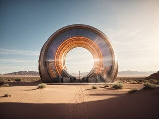 A time portal located in the heart of the desert showing an advanced technological city through it