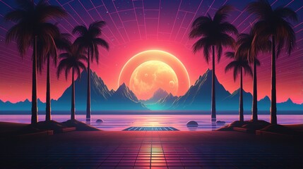 Generative AI, 80s retro futuristic sci-fi., nostalgic 90s. Night and sunset neon colors, cyberpunk vintage illustration. Sun, mountains and palms. Retrowave VJ videogame landscape
