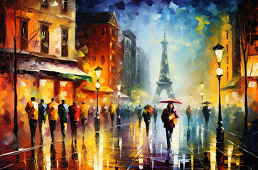 Abstract Oil Painting of City Rainy Night. Canvas Texture, Brush Strokes.