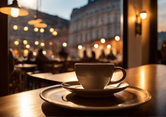 a cup of hot coffee against the background of a blurry cafe with visitors sitting there