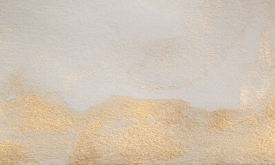 Watercolor paper grain texture painting wall. Abstract gold, nacre and beige marble copy space background.