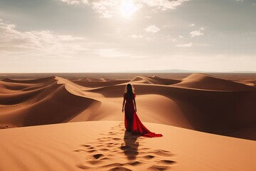 A beautiful girl in a red silk dress with a train stands in the middle of the desert and looks at the sunset. Banner. empty space