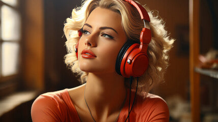 1960s retro style woman with headphones listening to music