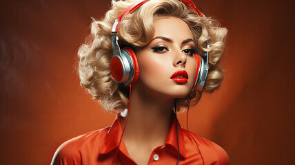 1960s retro style woman with headphones listening to music
