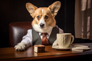 Businessman dog in the office with a cup of coffee