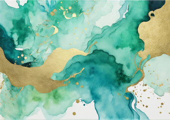 abstract watercolor background with alcohol effect green,  gold
