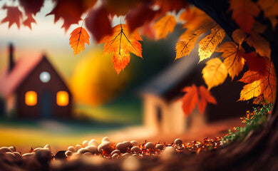 Abstract autumn scene and English country style house village on background, beautiful countryside nature with autumnal leaves and bokeh, generative ai