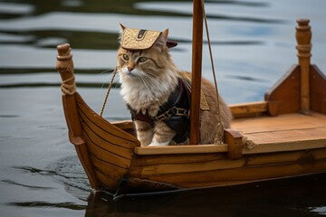 A cat in viking attire sailing a toy boat. Generative AI