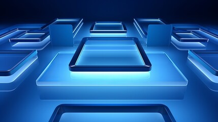 3D geometric shapes on a blue background with a glassmorphism square plate in the middle.