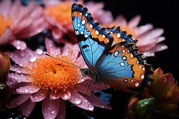 blue butterfly drinking dew water on a pink flower