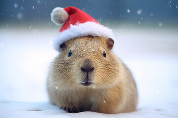 Capybara wearing a santa hat in the snow
