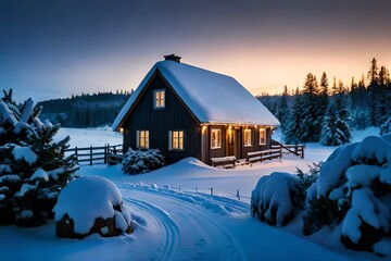 A snowy winter landscape with a charming cottage covered in Christmas lights and wreaths.
