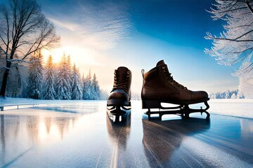A pair of ice skates resting on a frozen pond surrounded by snow-covered trees and a clear blue sky.