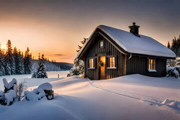 A snowy winter landscape with a charming cottage covered in Christmas lights and wreaths.