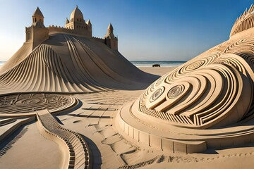 A close-up of a sand sculpture contest entry, intricately detailed and standing tall on the beach.