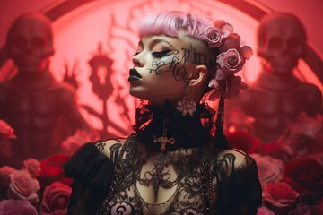 A beautiful young woman with vibrant pink hair, embracing a Gothic persona, immersed in an enigmatic and mystical ambiance.