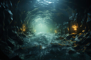 Underwater cave with dark water and light. 3d rendering.