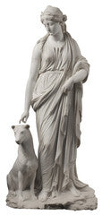 A full-length Greek statue of a female goddess  Artemis with a dog on a transparent background, with a grainy texture, vintage illustration