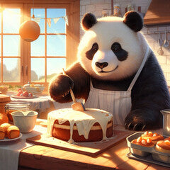 3d render, cartoon cute panda preparing a cake in the kitchen, cute photo, causing joy. Generative AI.
