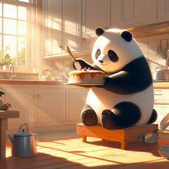 3d render, cartoon cute panda preparing a cake in the kitchen, cute photo, causing joy. Generative AI.