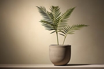 A background image for creative content featuring a potted plant illuminated by a spotlight against an empty wall, creating a minimalist backdrop. Photorealistic illustration